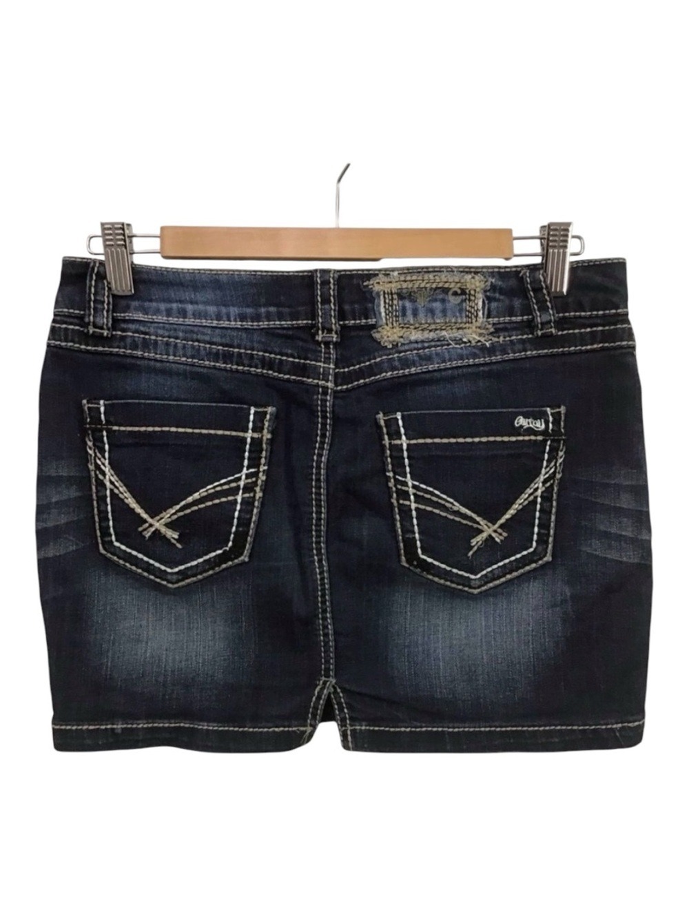 CARRELI Haley-DW mini jeans skirt dark blue ecru stitches stretchy denim 28